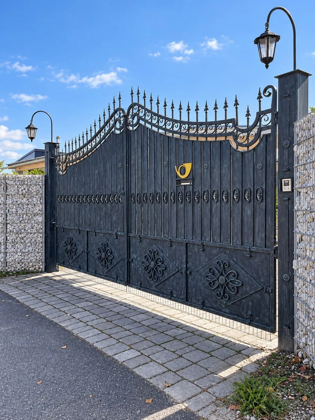 Kovana dvoriščna vrata z gabionsko ograjo