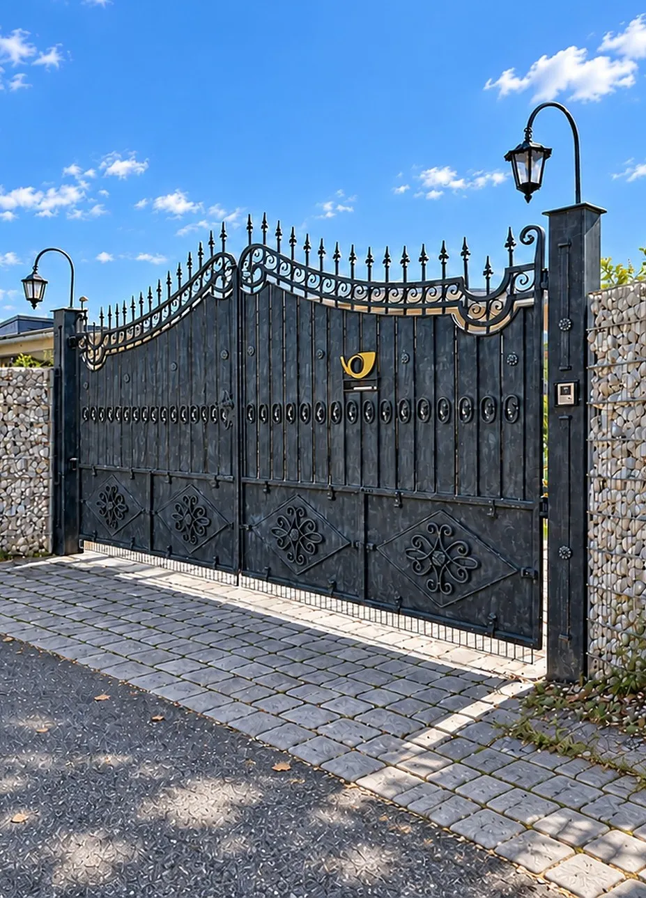 Kovana dvoriščna vrata z gabionsko ograjo